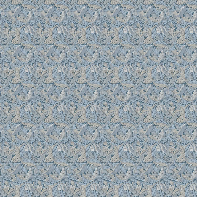Muted denim blue textile with dense pale acanthus leaves and curling botanical stems