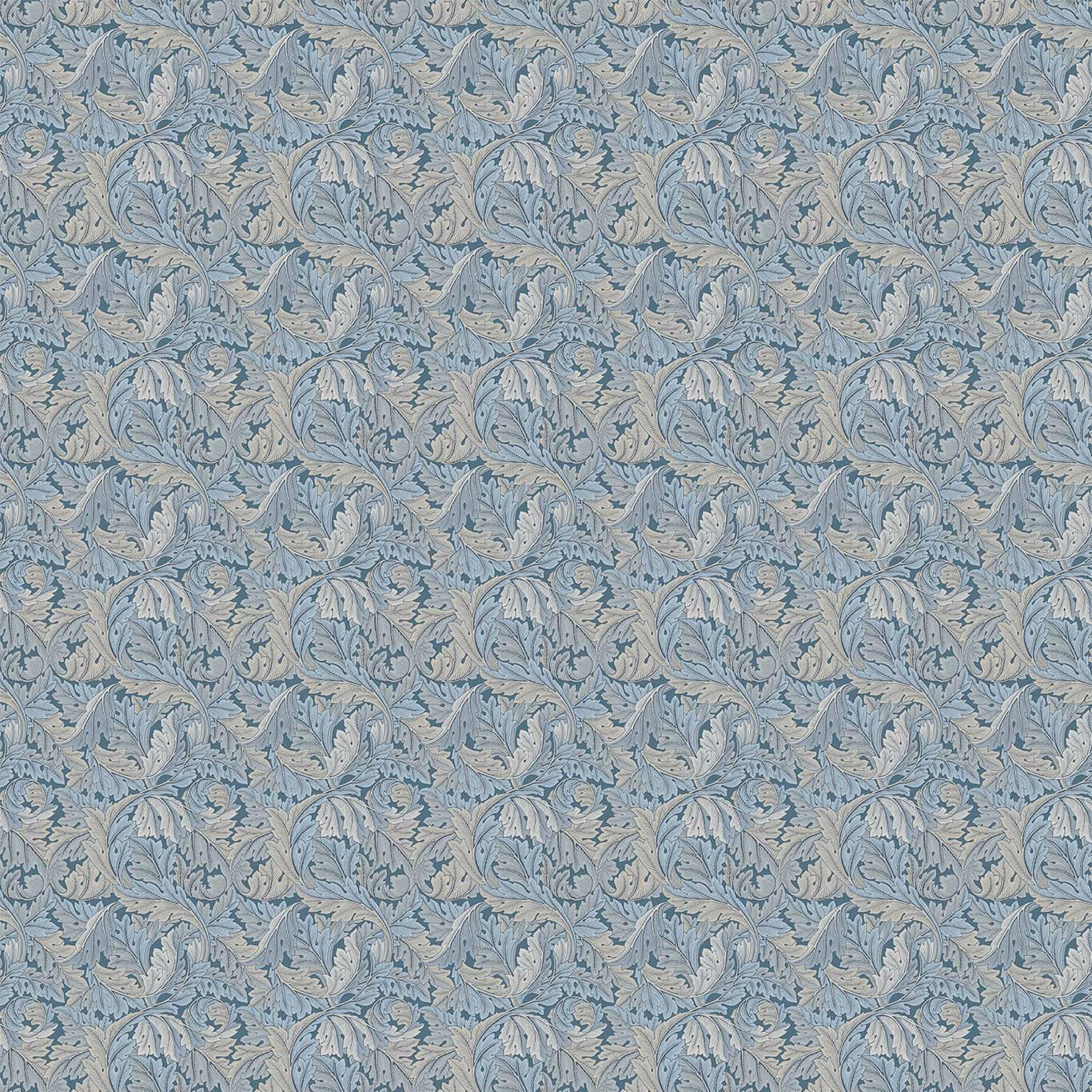 Dense denim-blue acanthus leaves on a softly greyed neutral woven fabric ground