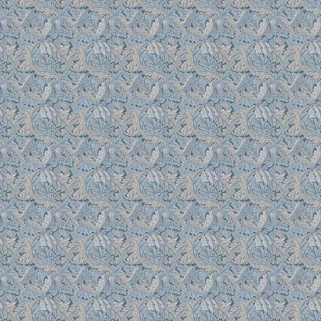 Dense denim-blue acanthus leaves on a softly greyed neutral woven fabric ground