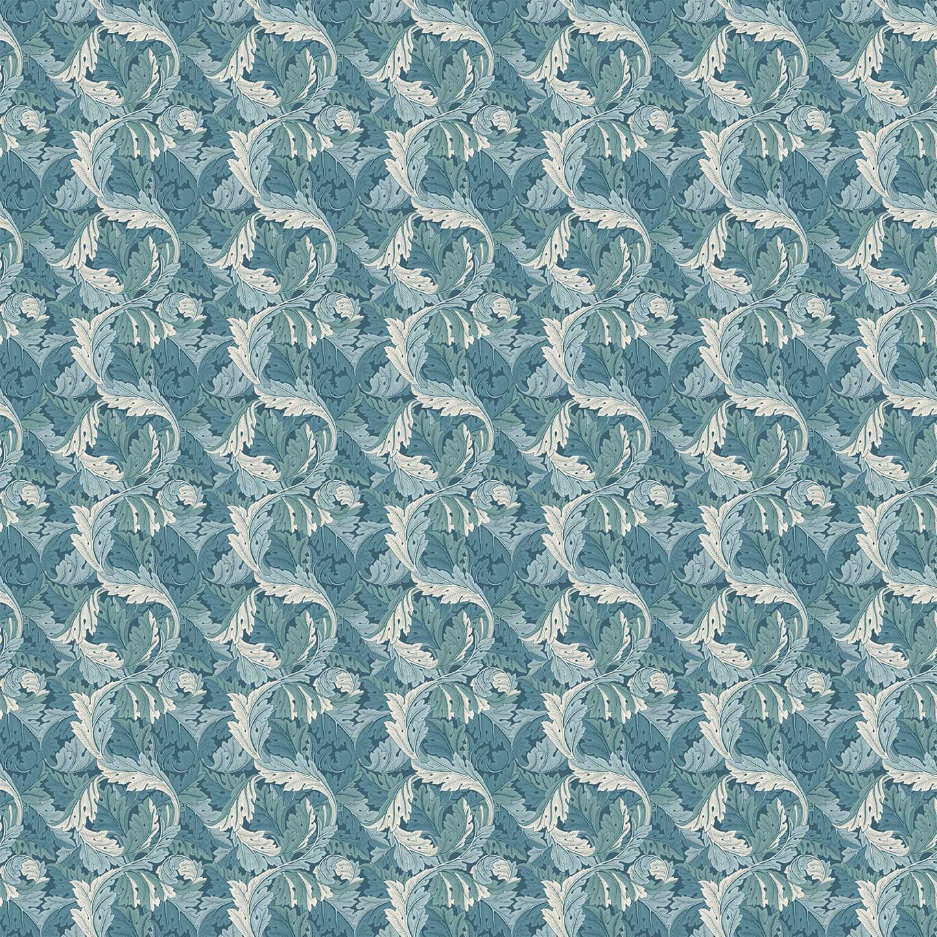 Cool teal ground with pale scrolling acanthus leaves in a dense repeat