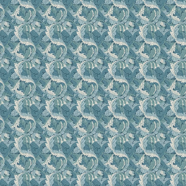 Cool teal ground with pale scrolling acanthus leaves in a dense repeat