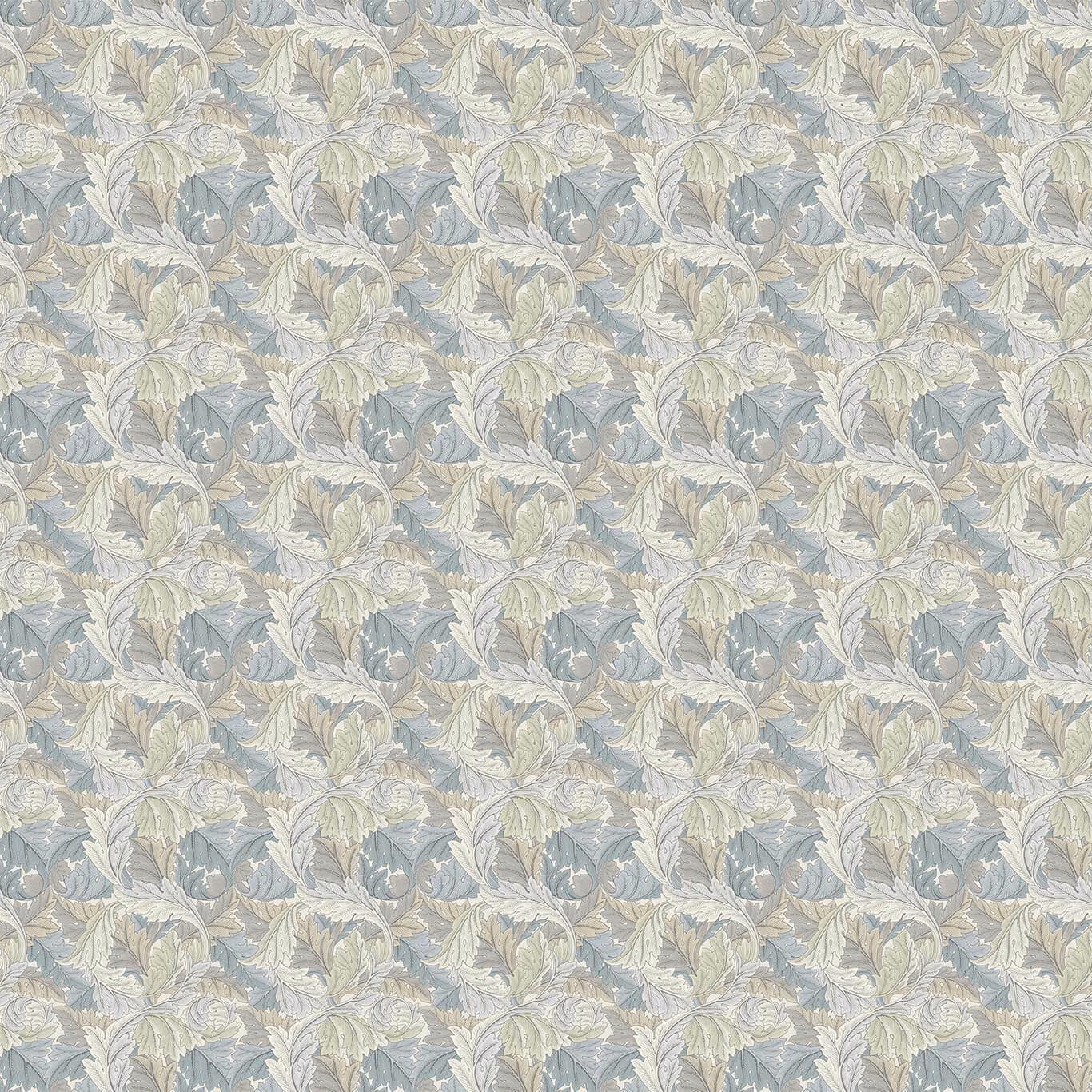 Cool slate-blue ground with pale dove acanthus leaves and sage highlights
