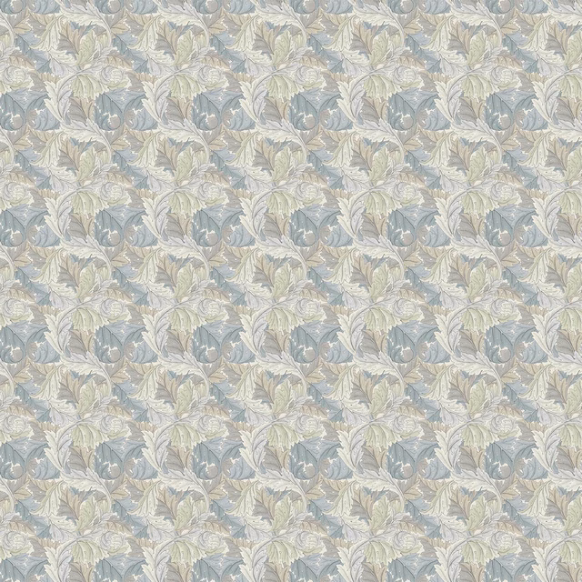 Cool slate-blue ground with pale dove acanthus leaves and sage highlights