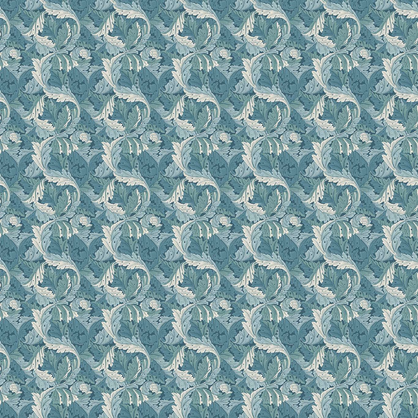 Muted blue-teal Acanthus foliage with pale curling leaves in a dense repeat
