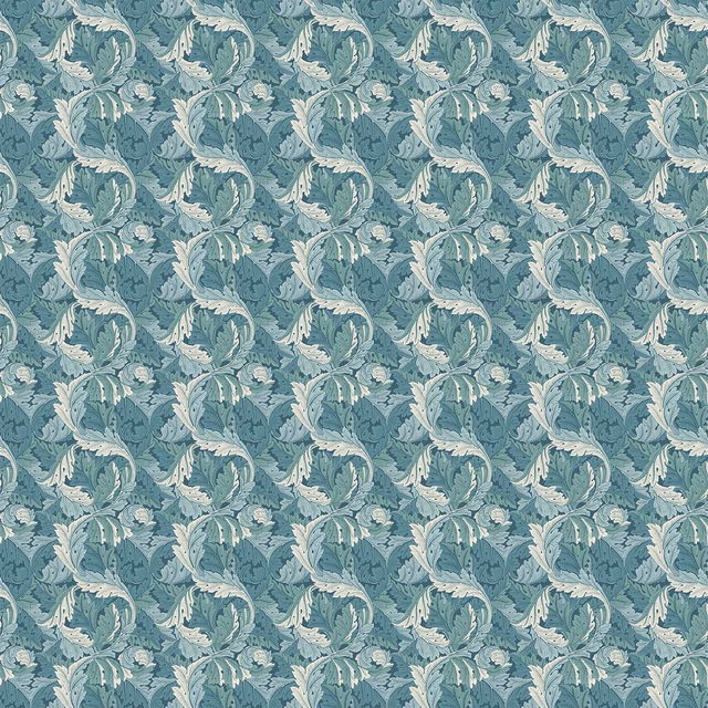 Muted blue-teal Acanthus foliage with pale curling leaves in a dense repeat