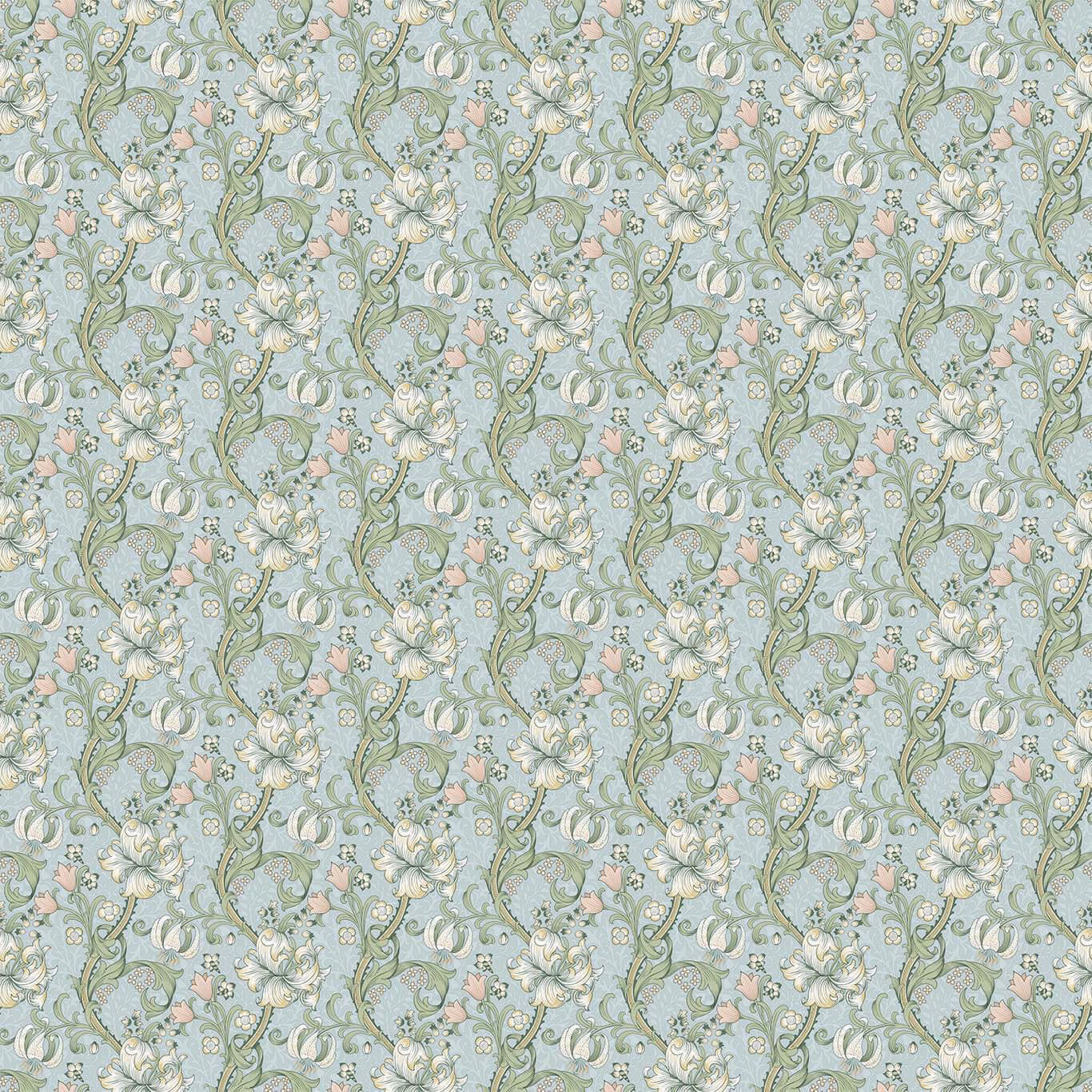 Apple-green floral vines with blush petals and cream lilies on a pale blue ground