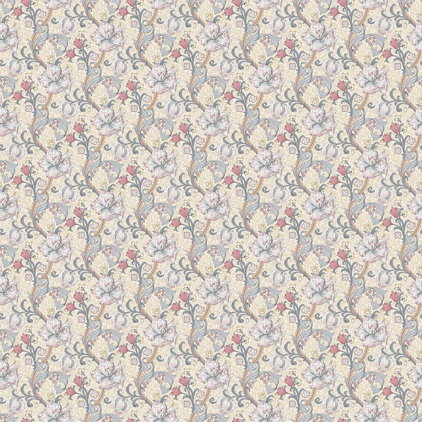 Pale cream floral swatch with dove-grey scrolls and plum blossoms