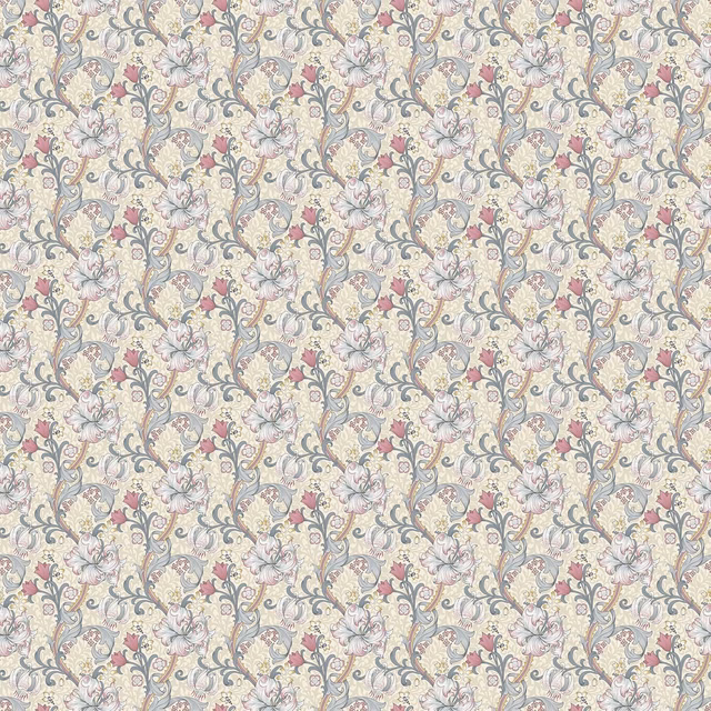 Pale cream floral swatch with dove-grey scrolls and plum blossoms