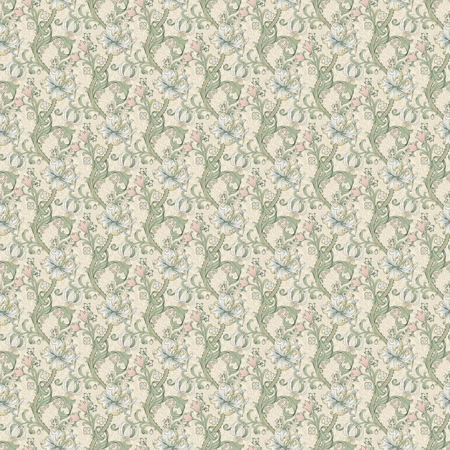 Blush cream floral fabric with sage vines and pale blue flowers