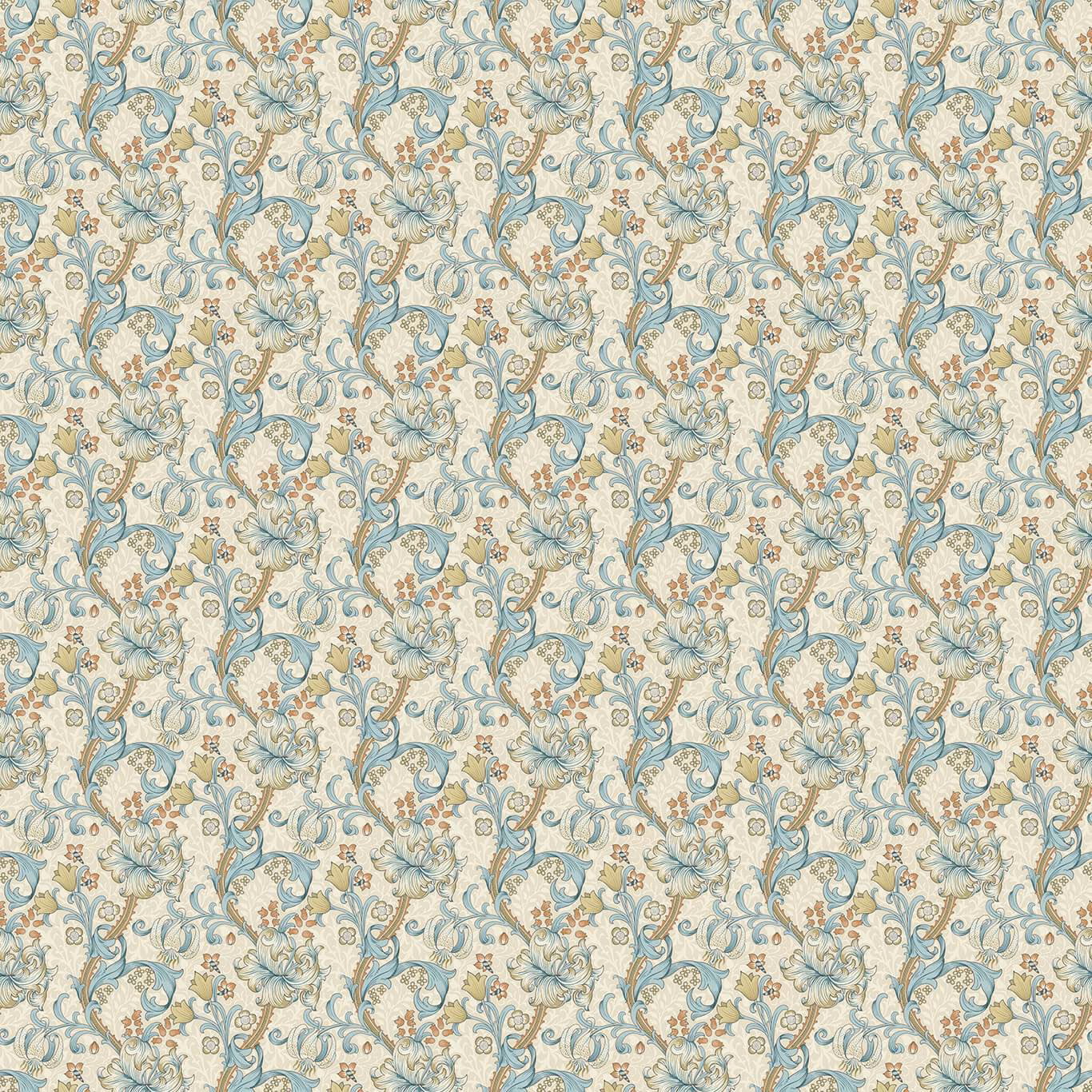 Teal and golden scrolling floral fabric on a pale linen-toned ground