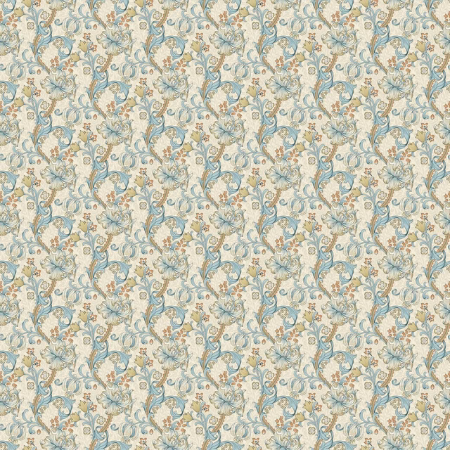 Teal and golden scrolling floral fabric on a pale linen-toned ground