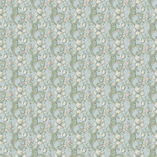 Apple-green floral fabric with blush blossoms, cream petals and curling sage vines