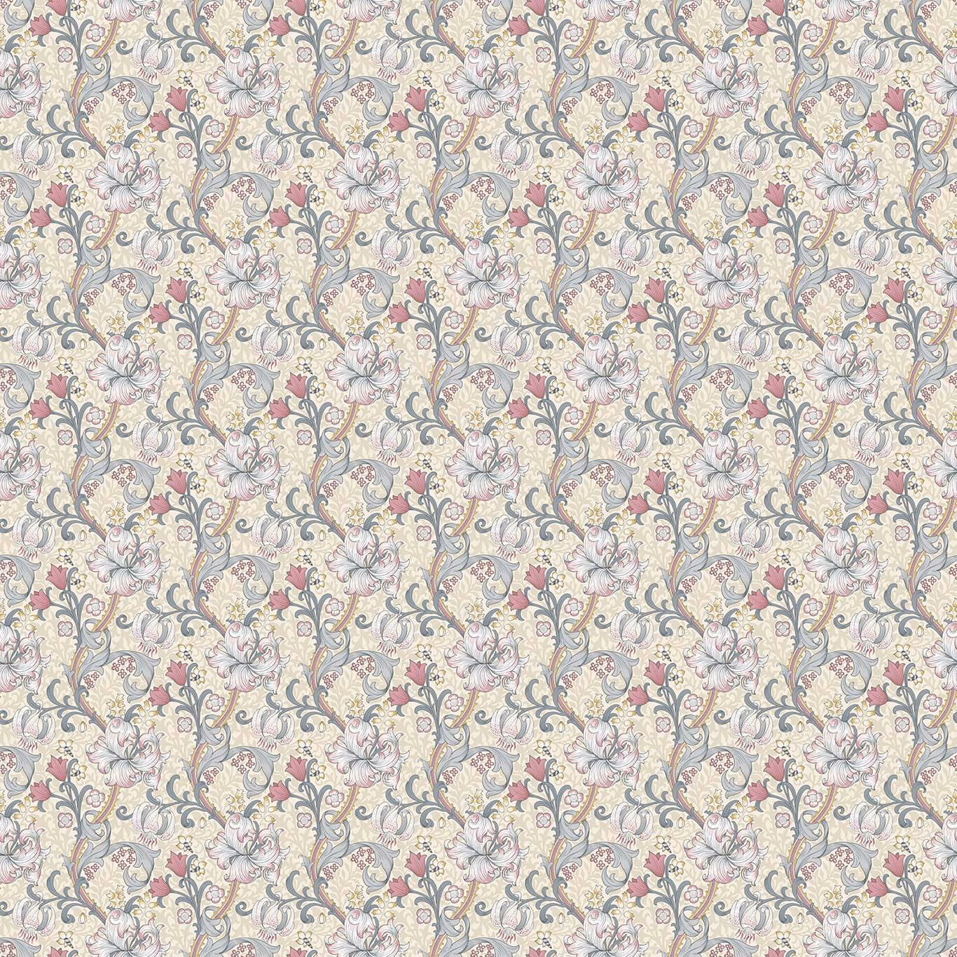 Pale dove floral textile with plum lilies and blue-grey scrolling foliage