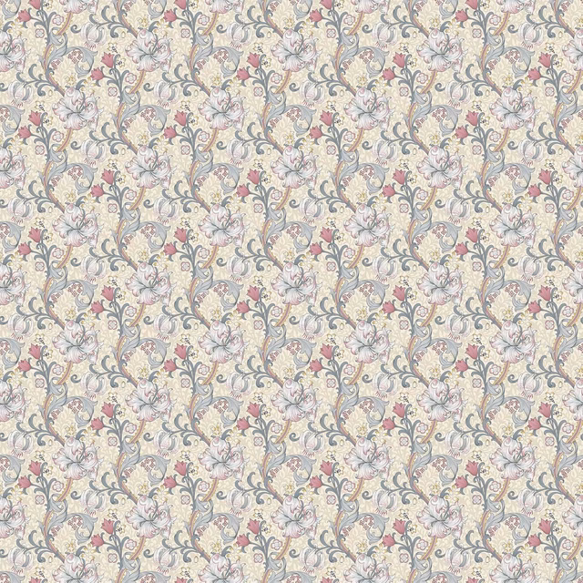 Pale dove floral textile with plum lilies and blue-grey scrolling foliage