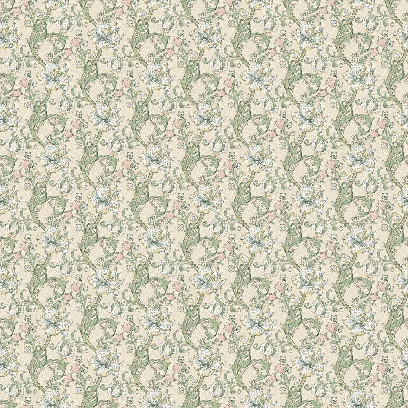Pale blush floral fabric with sage vines and blue-grey lilies