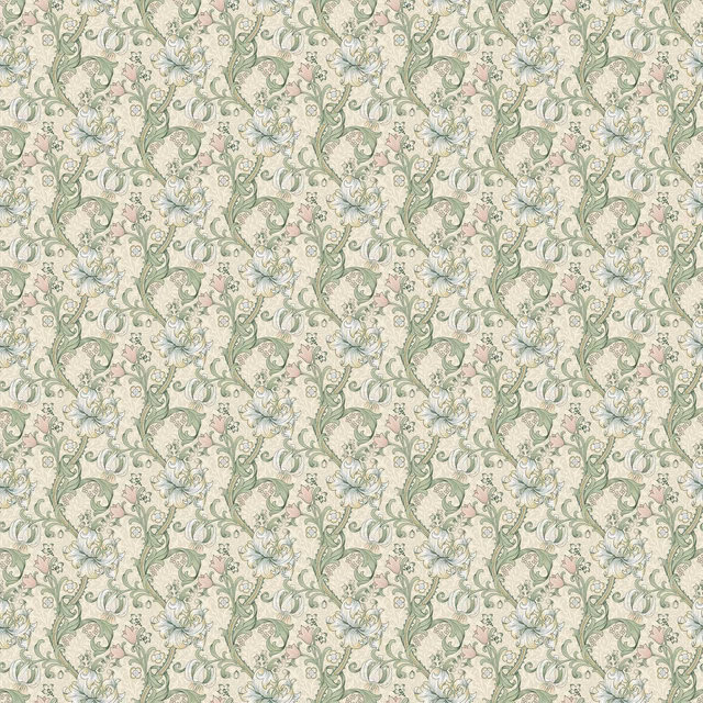 Pale blush floral fabric with sage vines and blue-grey lilies