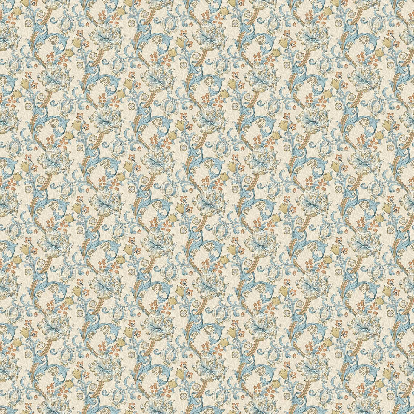 Pale cream fabric with muted teal scrolling flowers, curling leaves and soft gold accents