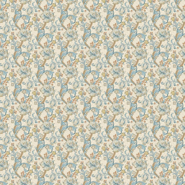 Pale cream fabric with muted teal scrolling flowers, curling leaves and soft gold accents