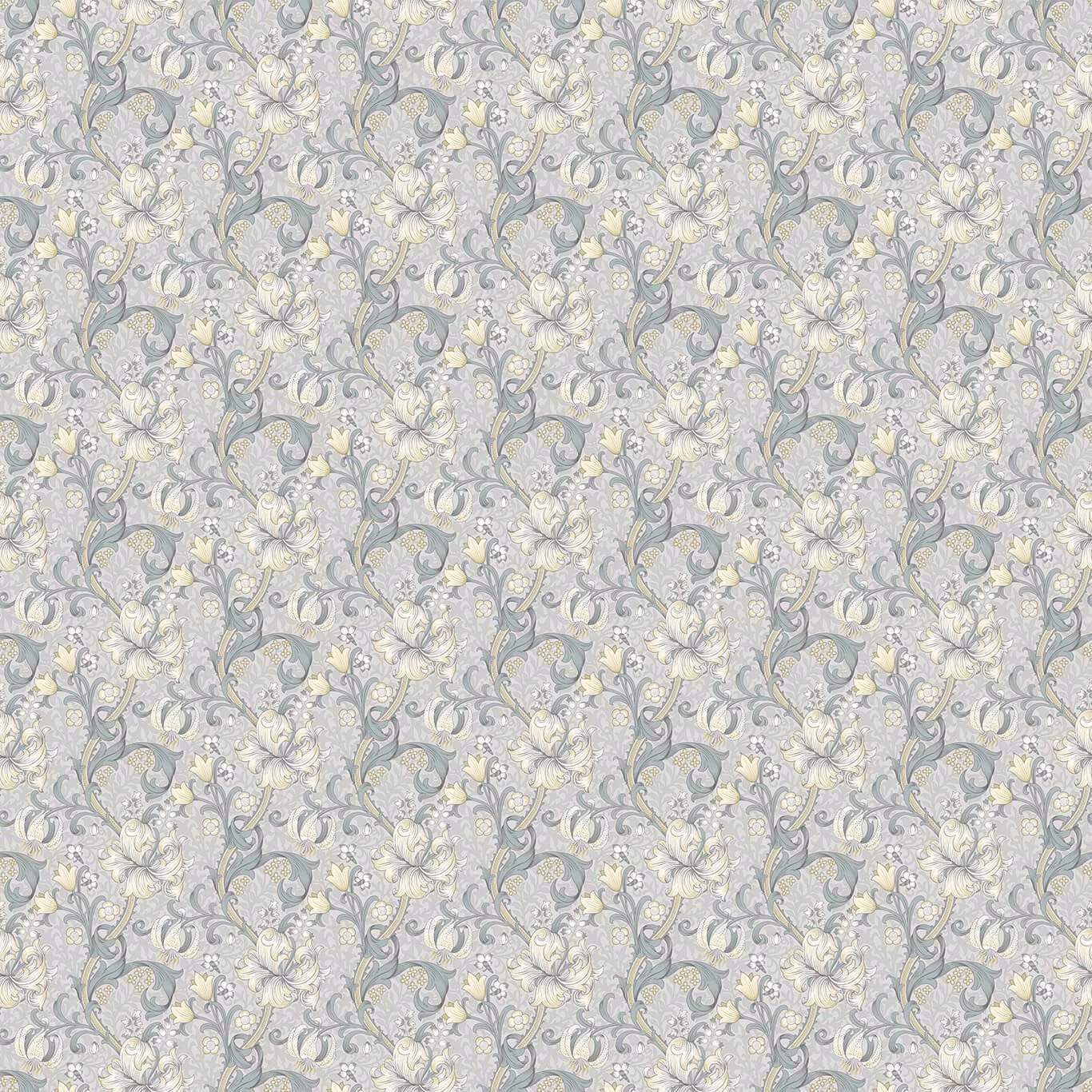 Slate-grey and dove floral vines with cream lilies and muted yellow accents