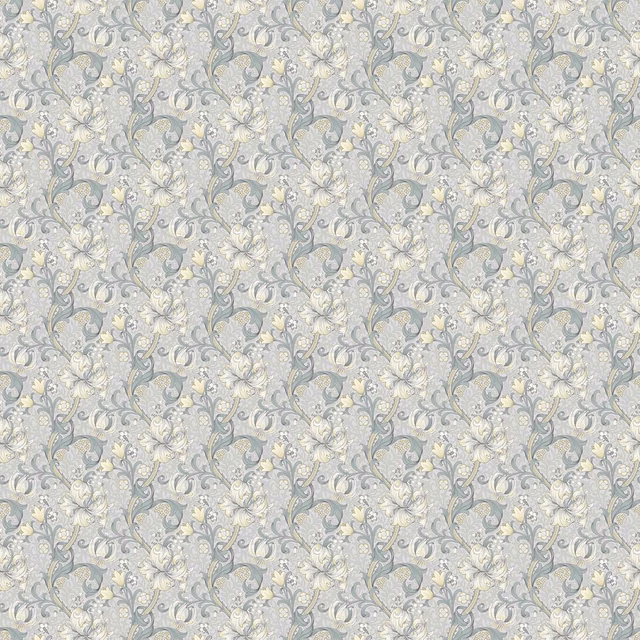 Slate-grey and dove floral vines with cream lilies and muted yellow accents
