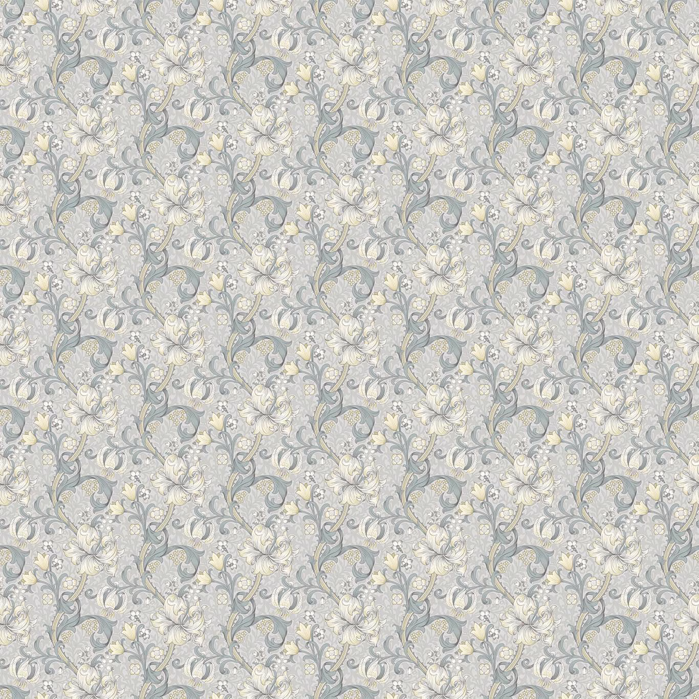 Cool slate floral textile with dove blooms, scrolling stems and pale ivory accents
