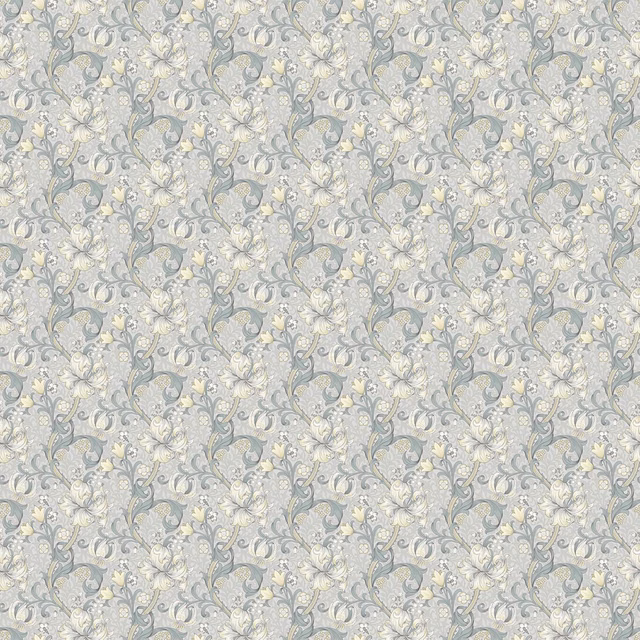 Cool slate floral textile with dove blooms, scrolling stems and pale ivory accents