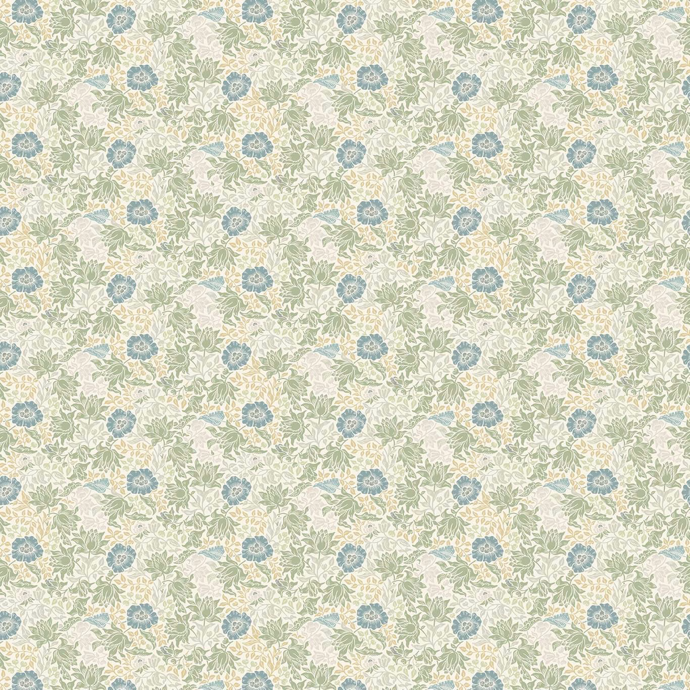 Pale sage and blue floral foliage on a soft cream ground