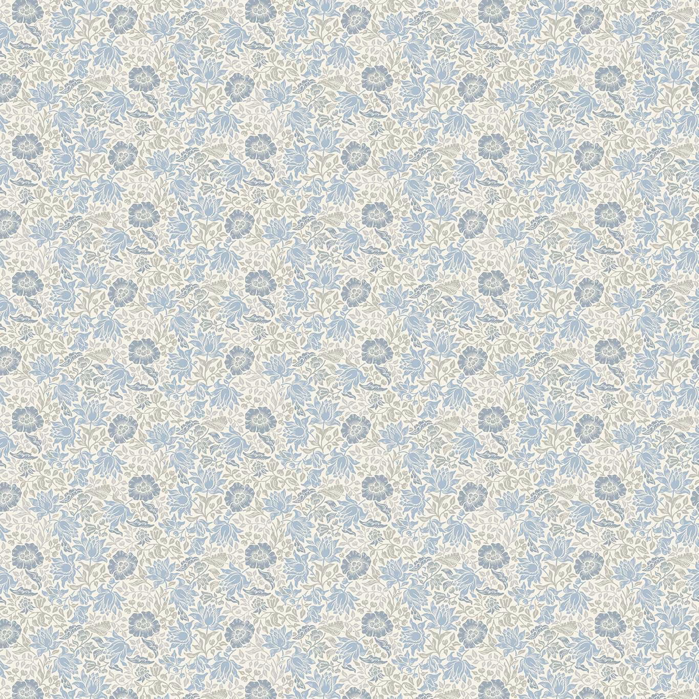 Pale denim-blue and ivory floral fabric with delicate leafy botanical repeat