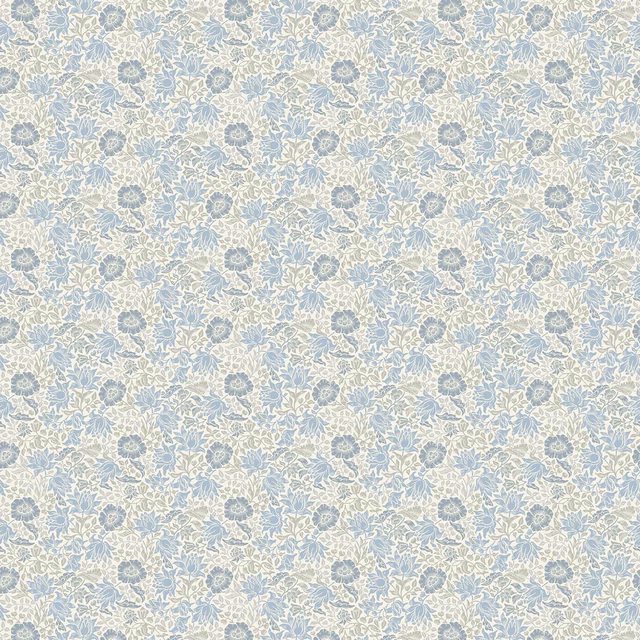 Pale denim-blue and ivory floral fabric with delicate leafy botanical repeat