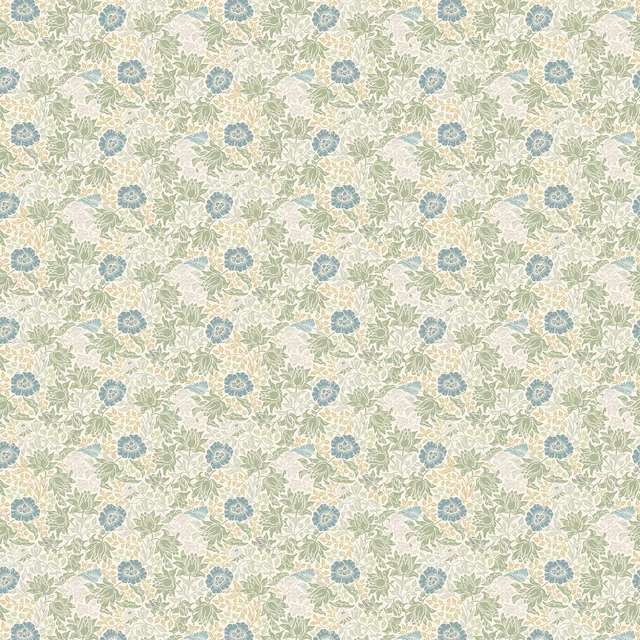 Cream floral fabric with pale sage leaves and blue-grey flower heads