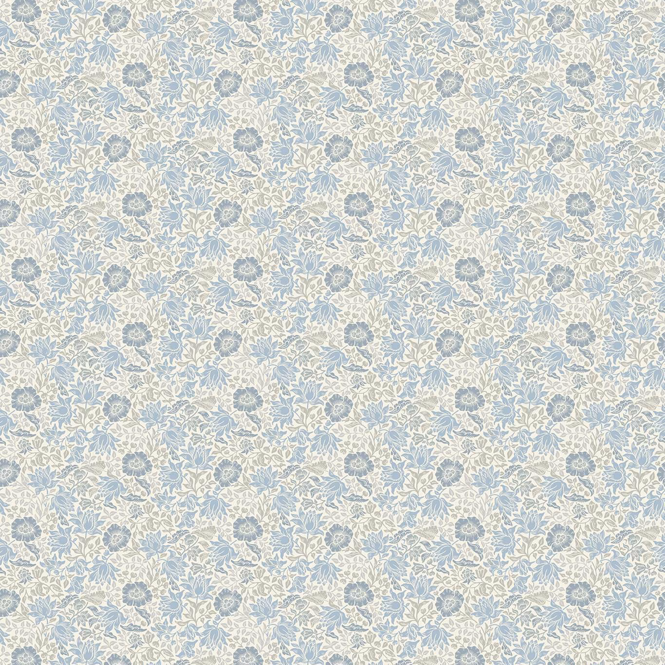 Pale denim-blue and ivory fabric covered in dense stylised floral sprigs