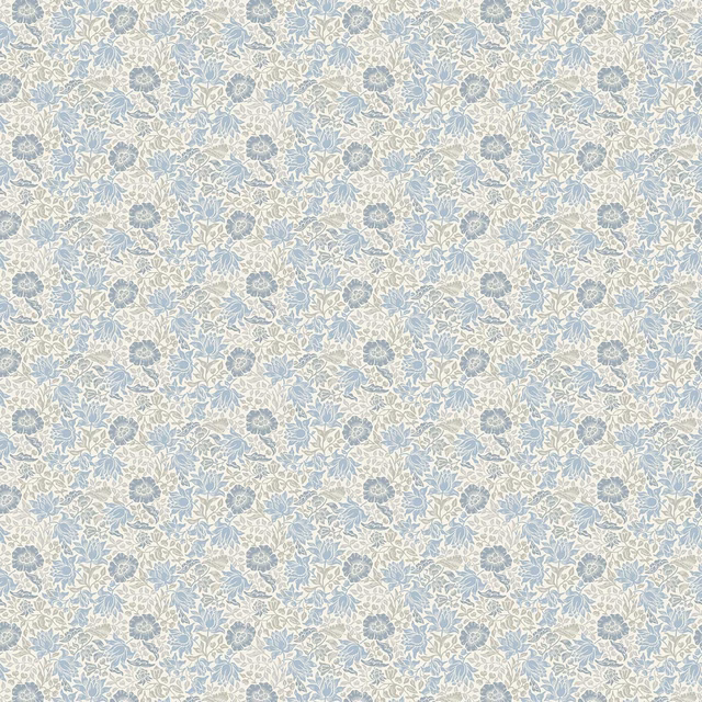 Pale denim-blue and ivory fabric covered in dense stylised floral sprigs
