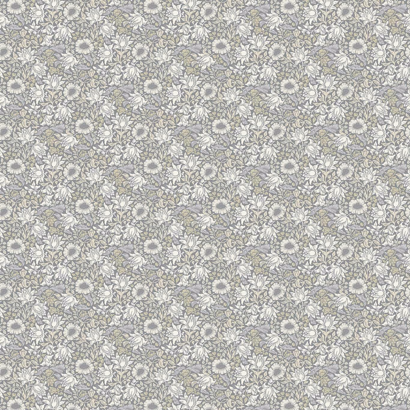 Dense slate and dove-grey floral foliage pattern with small flowers and fine curling stems