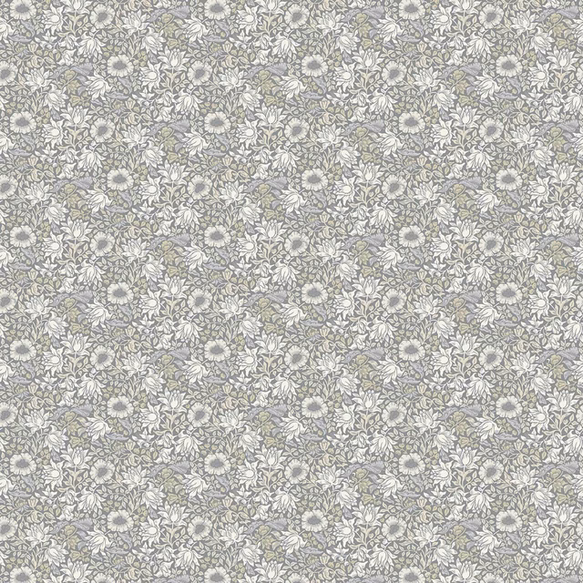 Dense slate and dove-grey floral foliage pattern with small flowers and fine curling stems