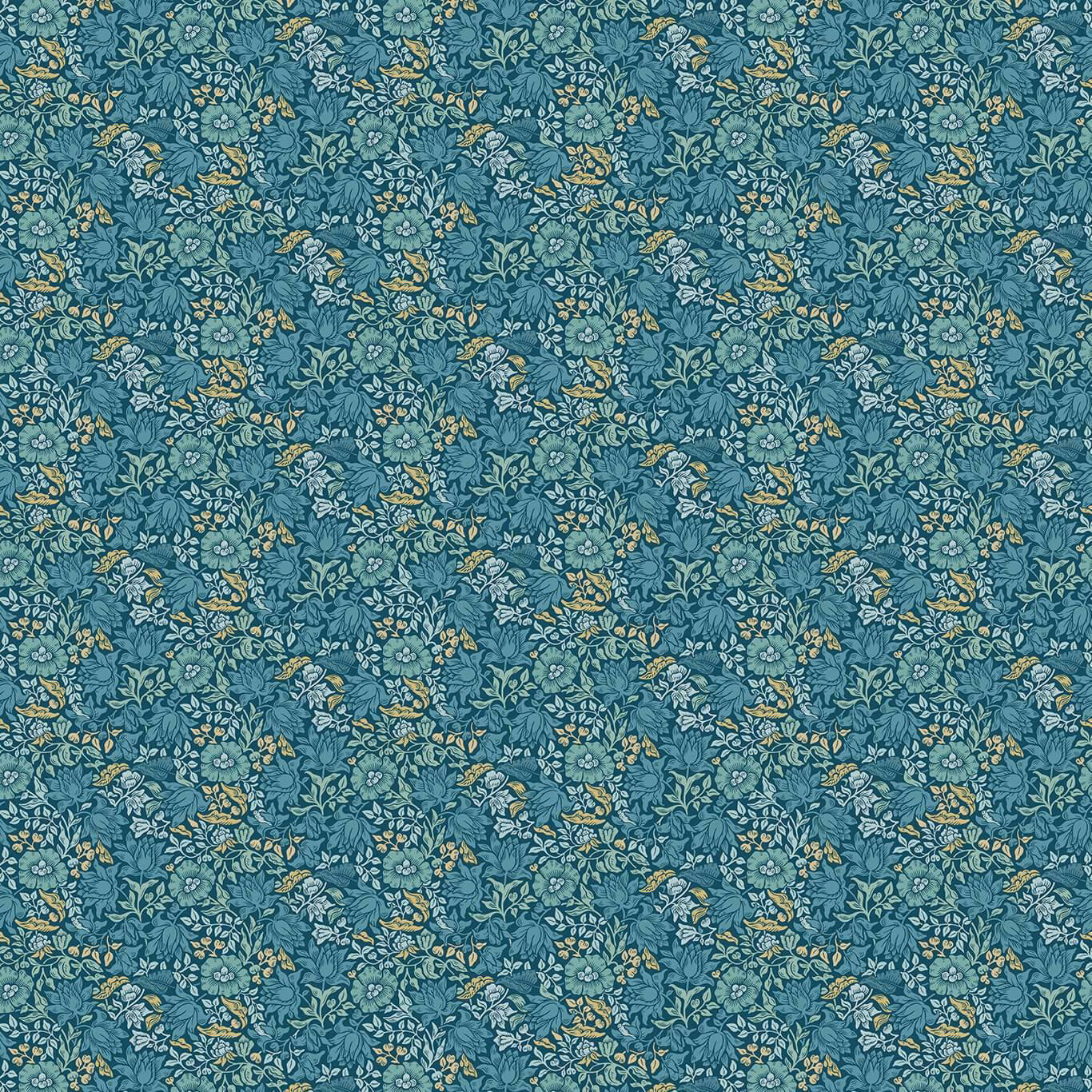 Dense teal botanical fabric with sage leaves, pale flowers and ochre accents