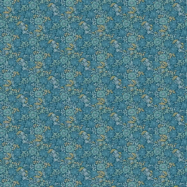 Dense teal botanical fabric with sage leaves, pale flowers and ochre accents