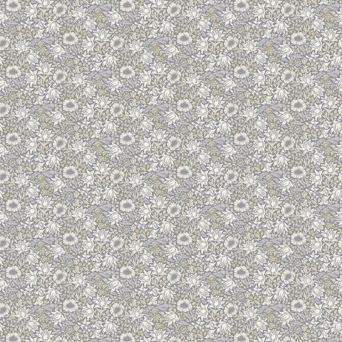 Dense slate and dove floral sprigs with ivory flowers on a muted ground