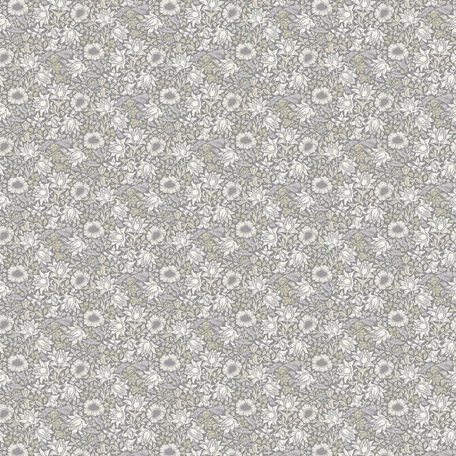 Dense slate and dove floral sprigs with ivory flowers on a muted ground