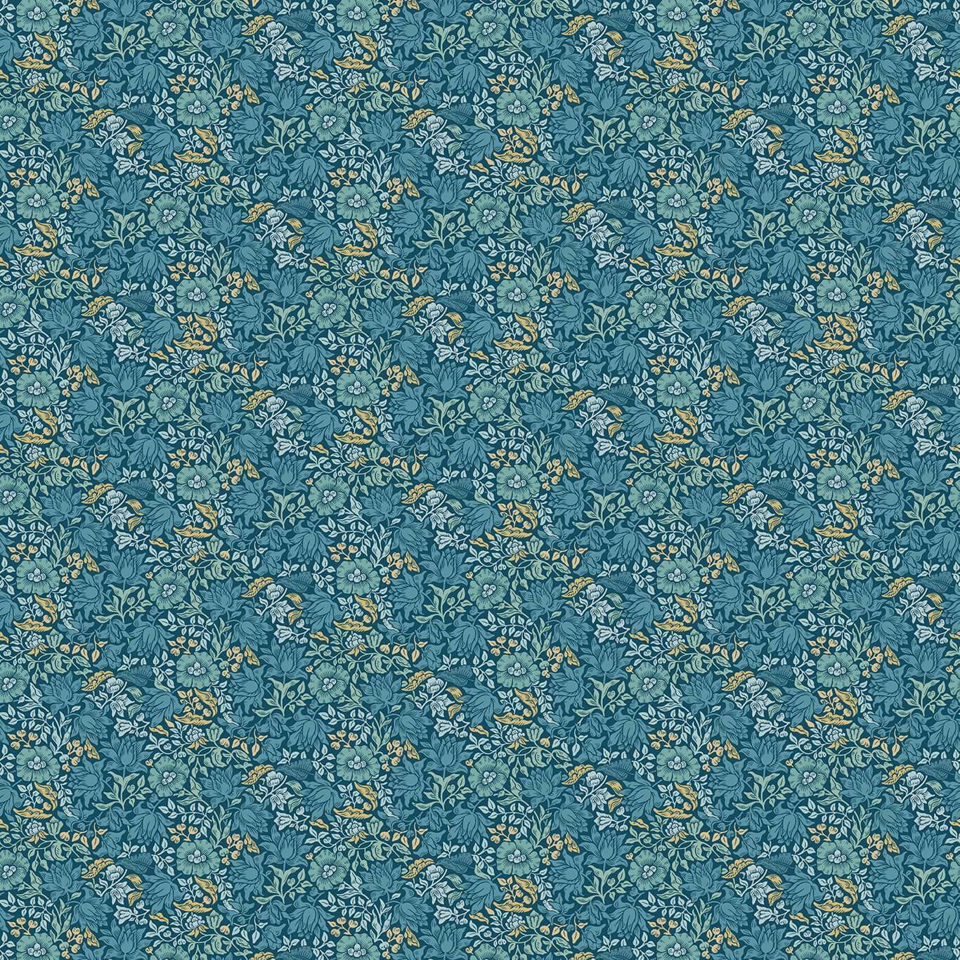 Dense blue-teal floral fabric with pale leaves and scattered ochre flowers
