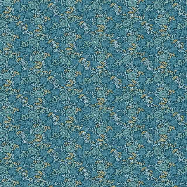 Dense blue-teal floral fabric with pale leaves and scattered ochre flowers