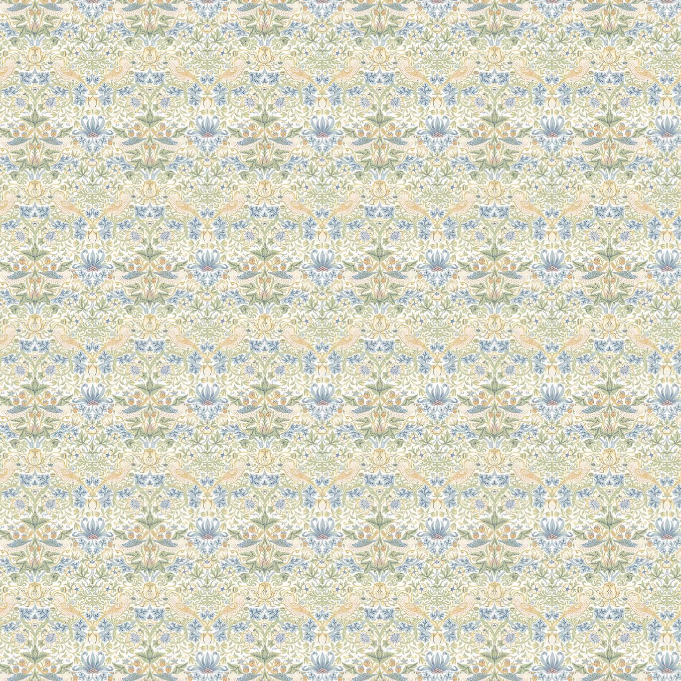 Pale blush botanical fabric with sage leaves, blue flowers and ochre accents