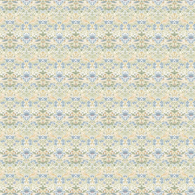 Pale blush botanical fabric with sage leaves, blue flowers and ochre accents