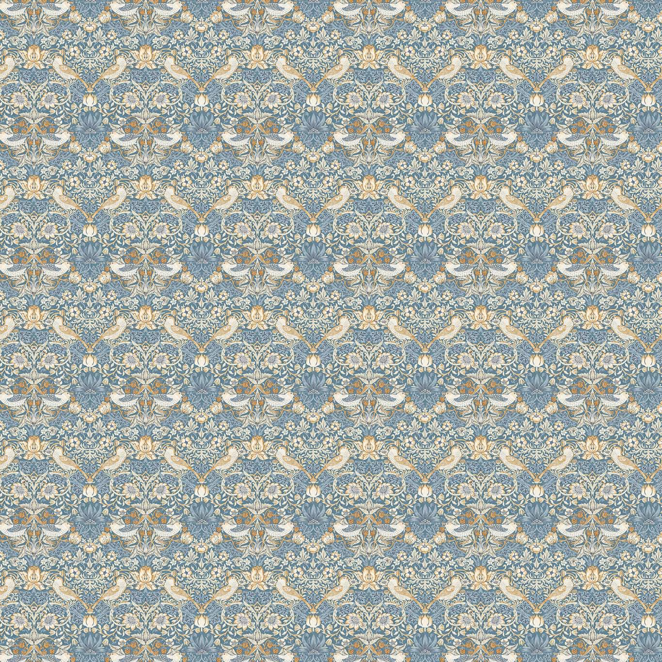 Dense denim-blue Strawberry Thief fabric with cream birds, foliage and spice accents