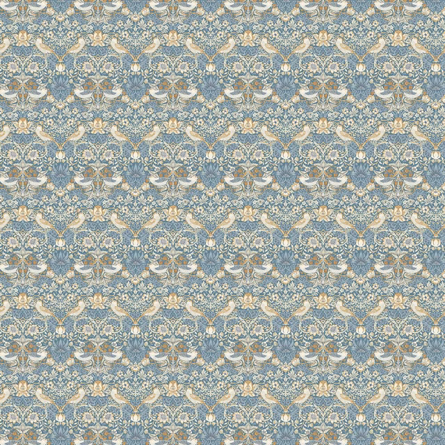 Dense denim-blue Strawberry Thief fabric with cream birds, foliage and spice accents