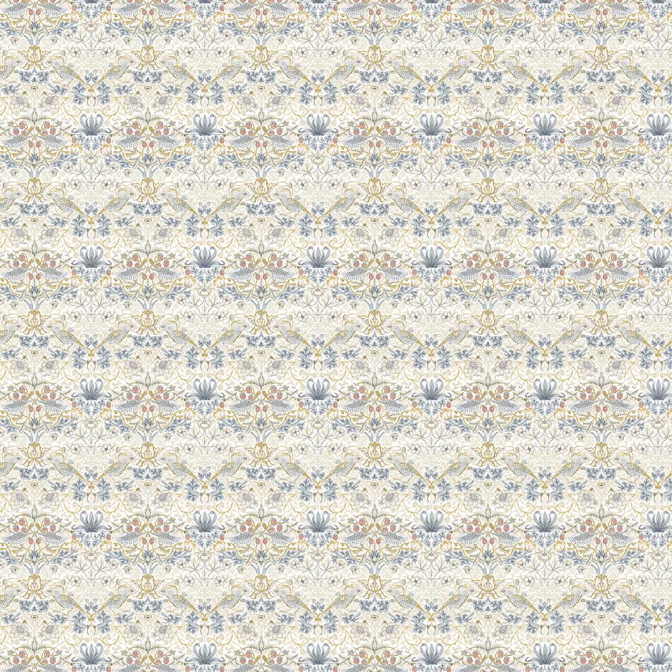 Ivory floral textile with muted plum, blue-grey and sage scrolling motifs