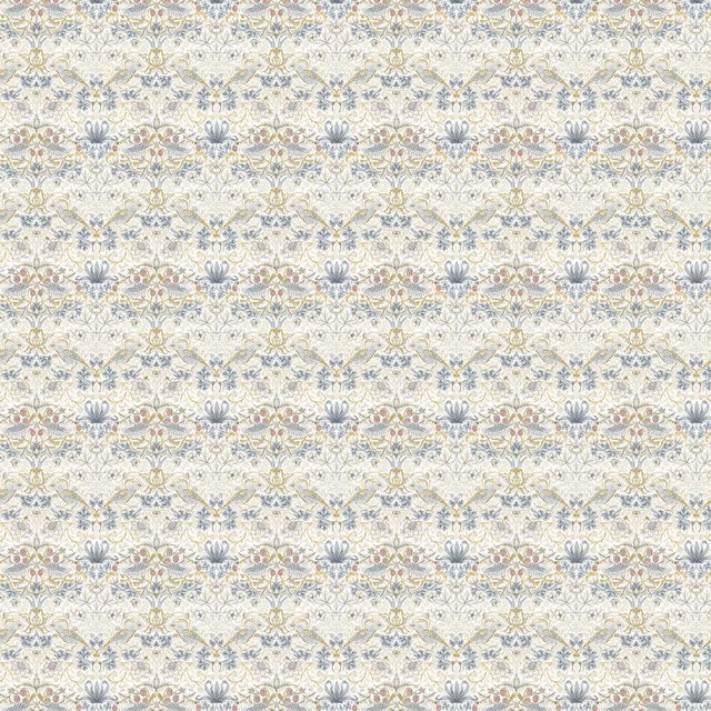 Ivory floral textile with muted plum, blue-grey and sage scrolling motifs