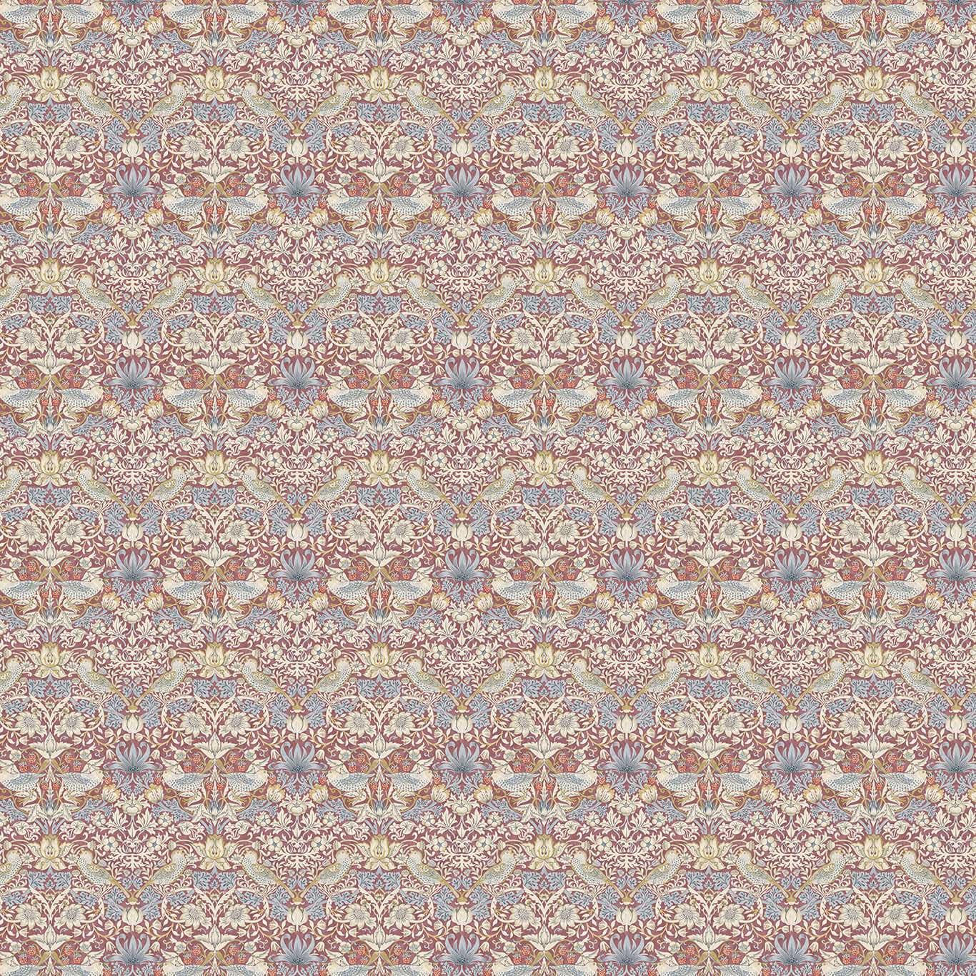 Repeated Morris bird and leaf pattern in dusty plum, lilac and sage tones