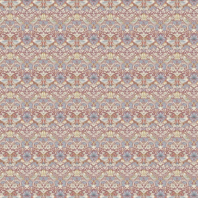 Repeated Morris bird and leaf pattern in dusty plum, lilac and sage tones