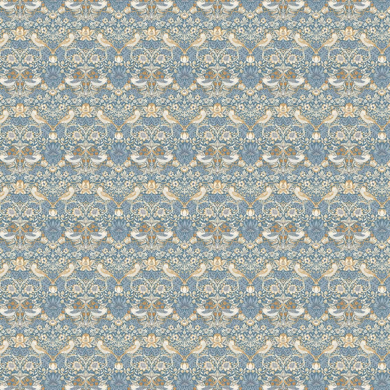 Muted denim-blue woven fabric with cream birds and spice floral detailing