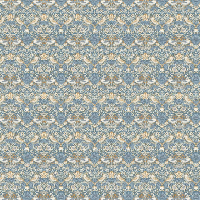 Muted denim-blue woven fabric with cream birds and spice floral detailing